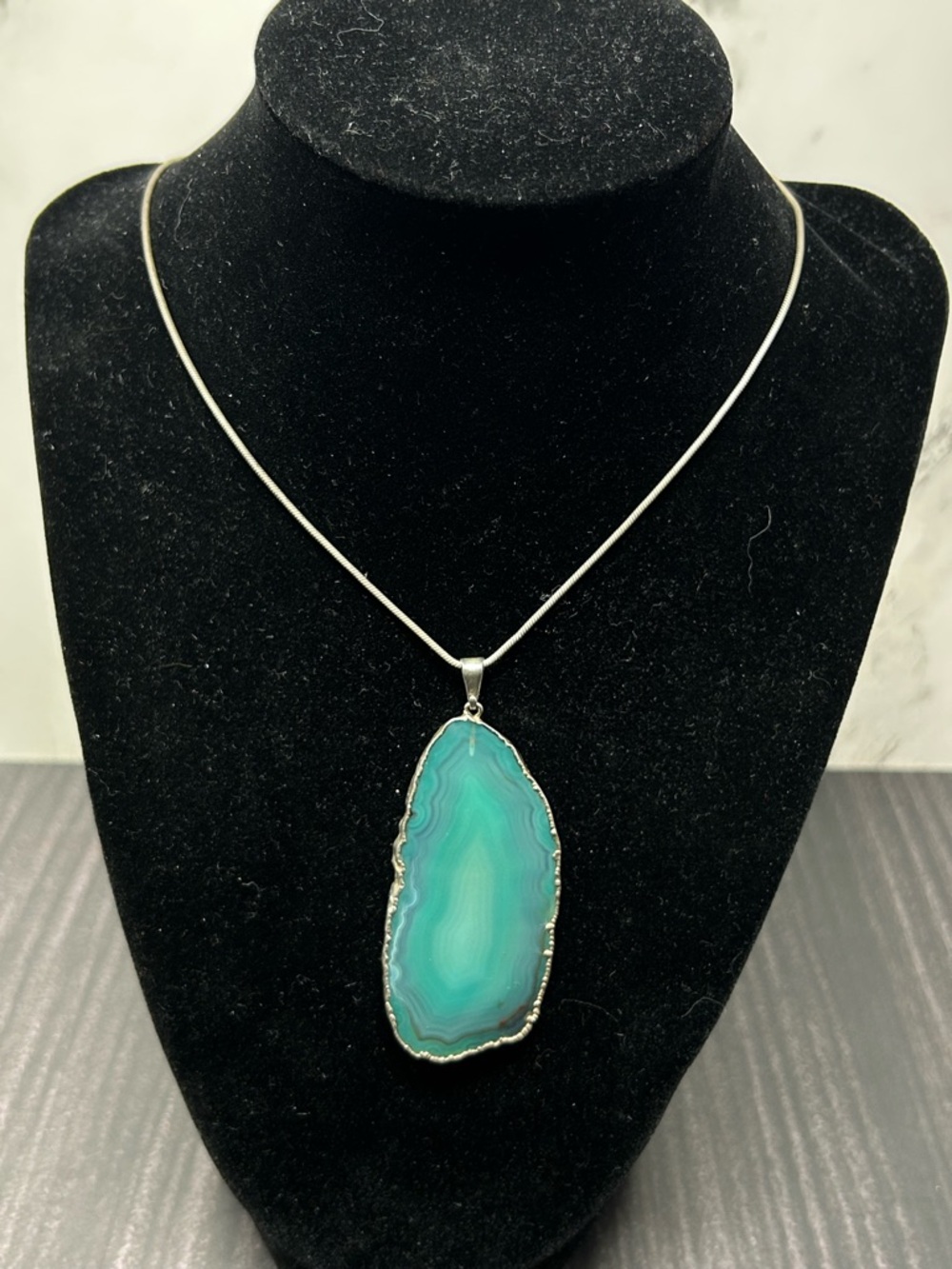 Green Agate Slice Pendant Necklace 925 Sterling Silver Natural Stone